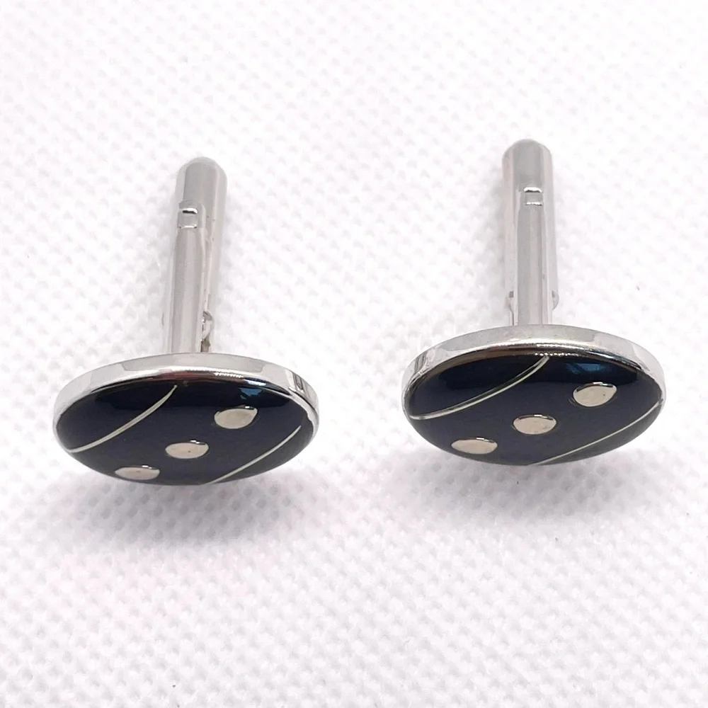 Black Oval Enamel Cufflinks w “Dot” Pattern Silver & Black! Stocking Stuffer!